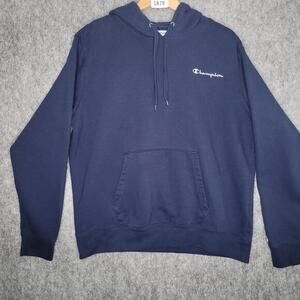 Champion Hoodie Sweatshirt Size Large Blue Pullover Kangroo Pocket Logo Spellout
